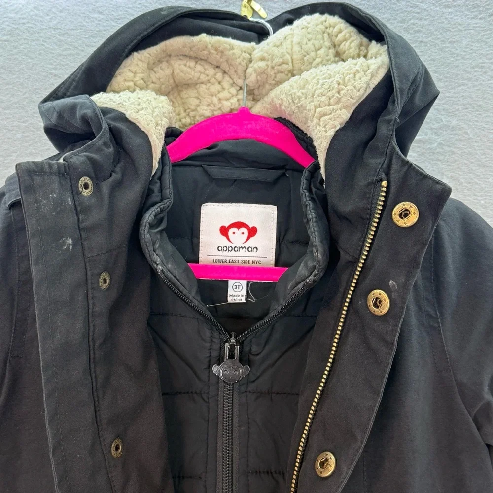 Appaman - little Boys Down Coat Sherpa hooded full zip up winter Jacket black 3T